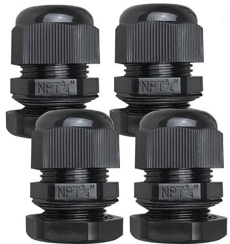 4 Pack, Black 3/4 Strain Relief Nylon Cord Grip Waterproof NPT Cable Gland